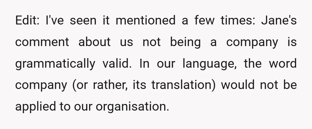 Edit: I've seen it mentioned a few times: Jane's comment about us not being a company is grammatically valid. In our language, the word company (or rather, its translation) would...