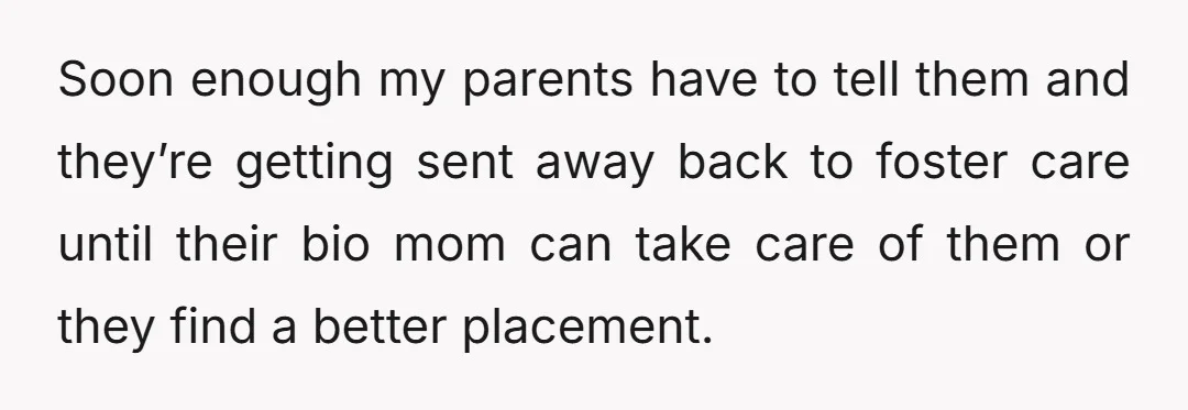 Soon enough my parents have to tell them and they’re getting sent away back to foster care until their bio mom can take care of them or they find a...