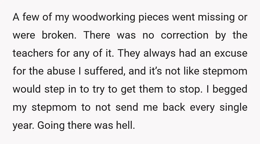 A few of my woodworking pieces went missing or were broken. There was no correction by the teachers for any of it. They always had an excuse for the abuse...