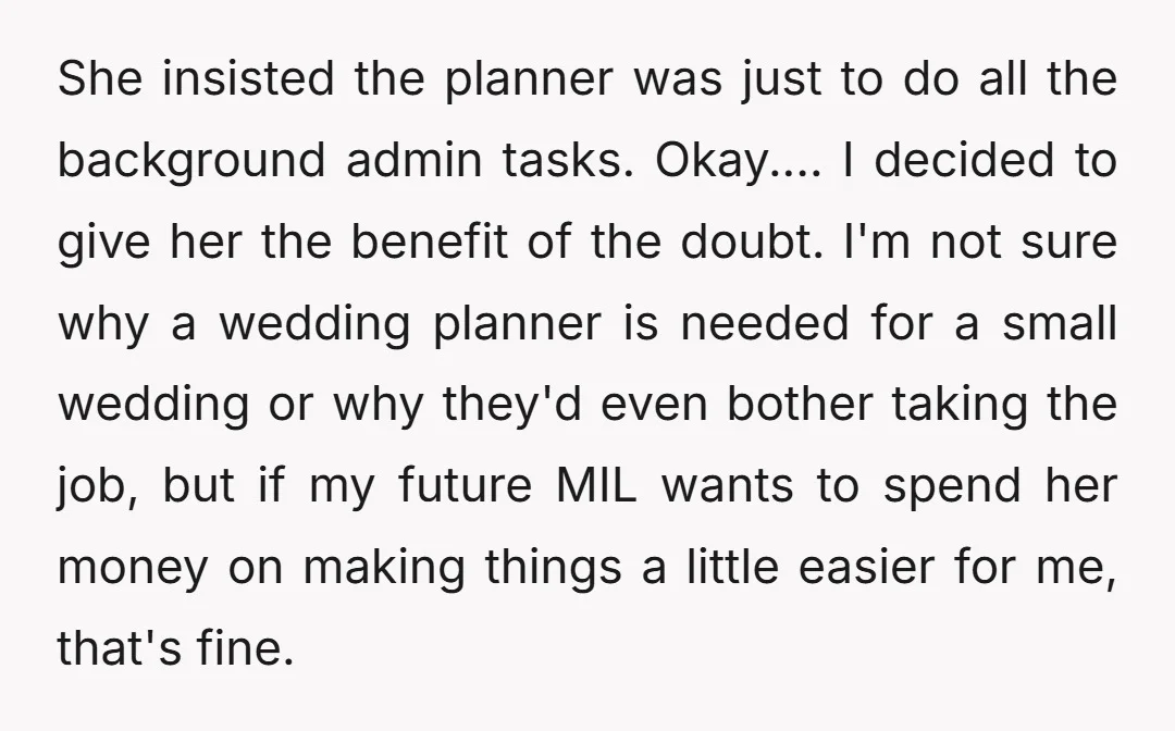 She insisted the planner was just to do all the background admin tasks. Okay.... I decided to give her the benefit of the doubt. I'm not sure why a wedding...