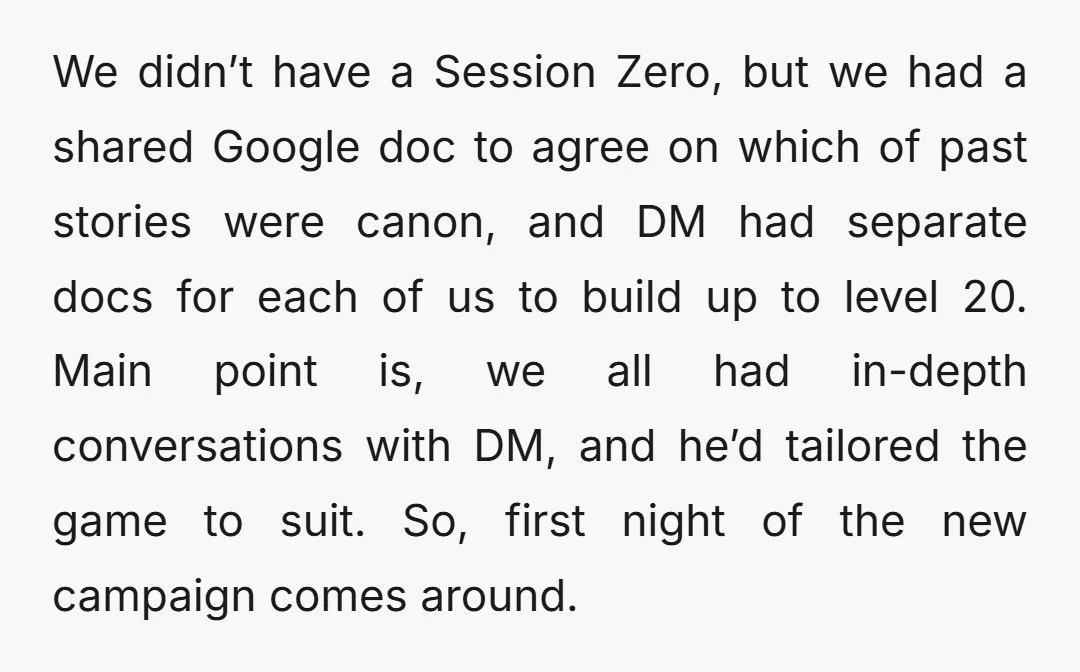 We didn’t have a Session Zero, but we had a shared Google doc to agree on which of past stories were canon, and DM had separate docs for each of...