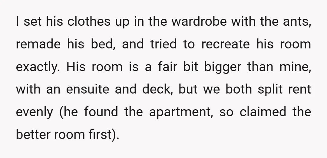 I set his clothes up in the wardrobe with the ants, remade his bed, and tried to recreate his room exactly. His room is a fair bit bigger than mine,...
