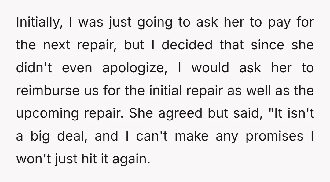 Initially, I was just going to ask her to pay for the next repair, but I decided that since she didn't even apologize, I would ask her to reimburse us...