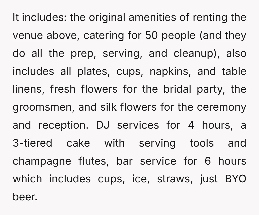 It includes: the original amenities of renting the venue above, catering for 50 people (and they do all the prep, serving, and cleanup), also includes all plates, cups, napkins, and...