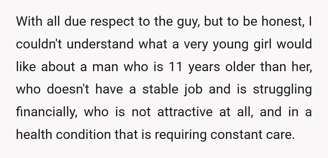 I couldn't fathom picturing my very young niece caring for a disabled broke man and being victim to his bad temper, instead of enjoying her life with a caring one.