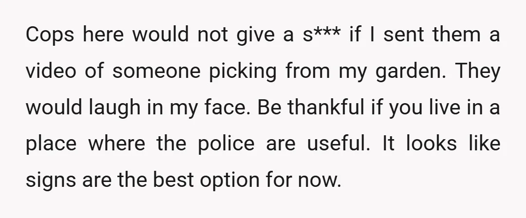 Cops here would not give a s*** if I sent them a video of someone picking from my garden. They would laugh in my face. Be thankful if you live...