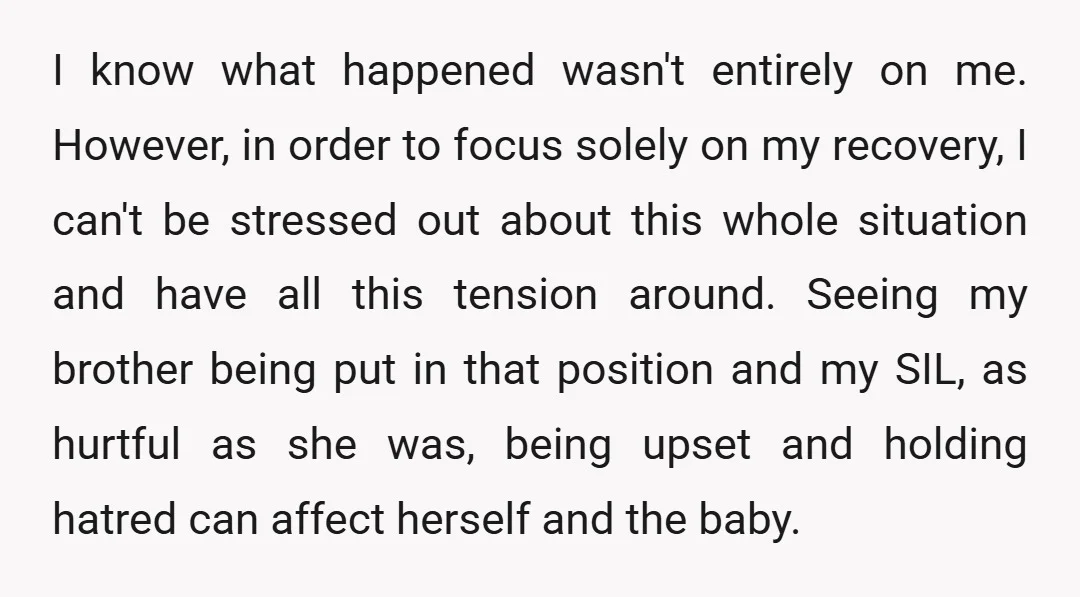 I know what happened wasn't entirely on me. However, in order to focus solely on my recovery, I can't be stressed out about this whole situation and have all this...