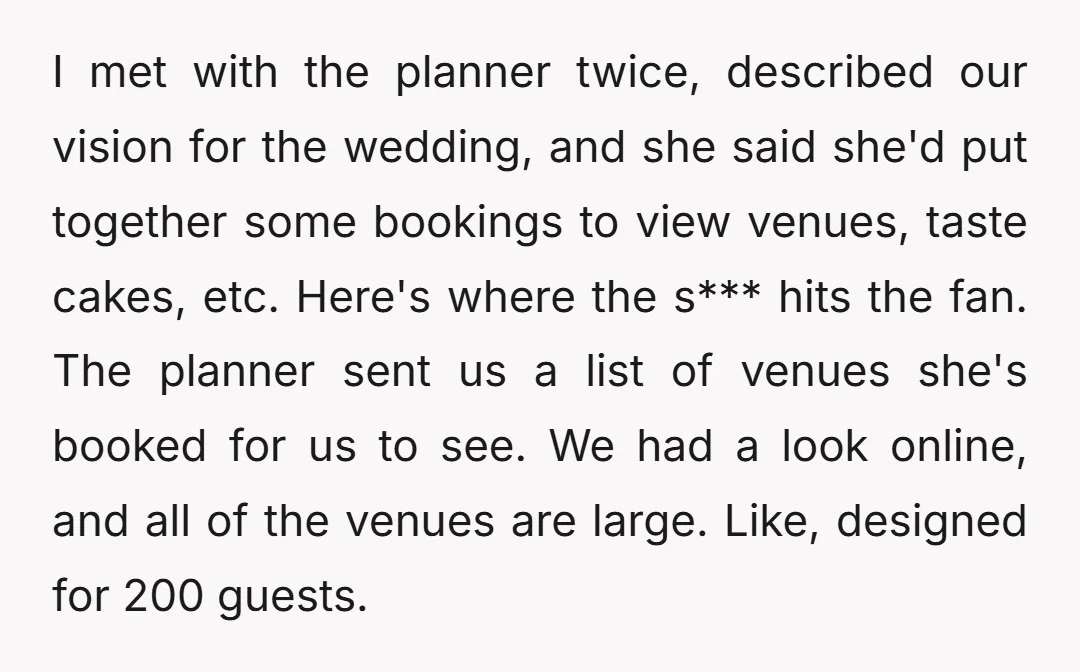 I met with the planner twice, described our vision for the wedding, and she said she'd put together some bookings to view venues, taste cakes, etc. Here's where the s***...