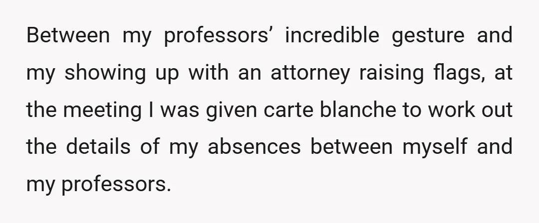 Between my professors’ incredible gesture and my showing up with an attorney raising flags, at the meeting I was given carte blanche to work out the details of my absences...