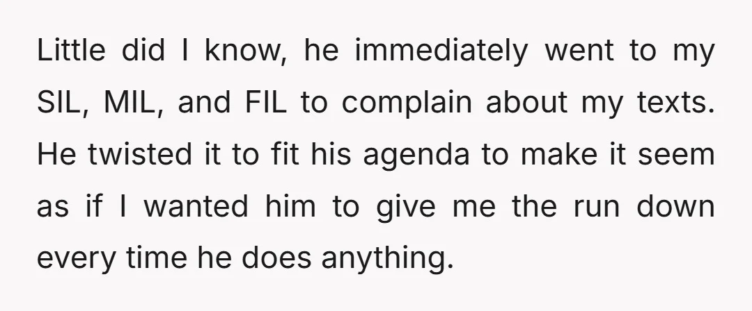 Little did I know, he immediately went to my SIL, MIL, and FIL to complain about my texts. He twisted it to fit his agenda to make it seem as...