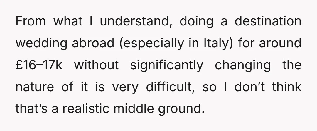 From what I understand, doing a destination wedding abroad (especially in Italy) for around £16–17k without significantly changing the nature of it is very difficult, so I don’t think that’s...