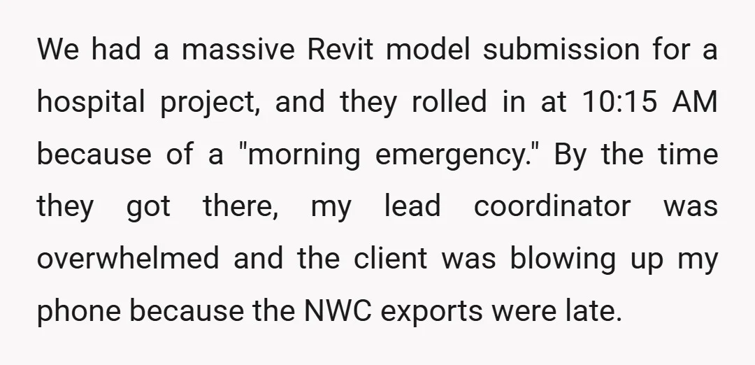 We had a massive Revit model submission for a hospital project, and they rolled in at 10:15 AM because of a "morning emergency." By the time they got there, my...