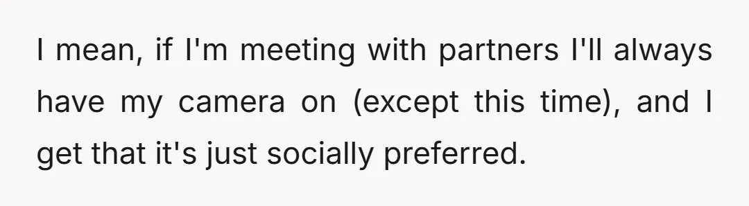 I mean, if I'm meeting with partners I'll always have my camera on (except this time), and I get that it's just socially preferred.