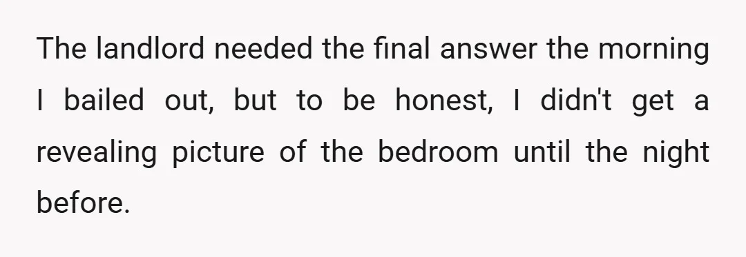 The landlord needed the final answer the morning I bailed out, but to be honest, I didn't get a revealing picture of the bedroom until the night before.