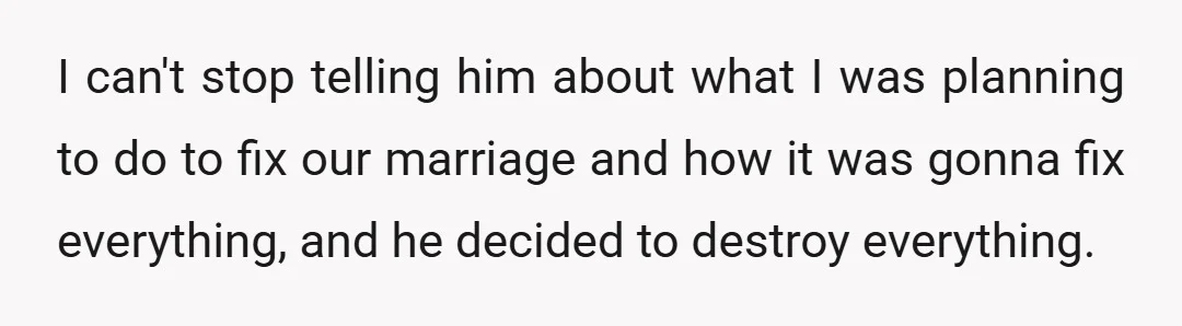 I can't stop telling him about what I was planning to do to fix our marriage and how it was gonna fix everything, and he decided to destroy everything.