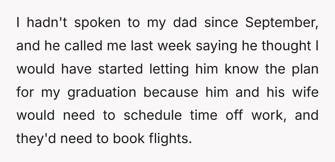 I hadn't spoken to my dad since September, and he called me last week saying he thought I would have started letting him know the plan for my graduation because...