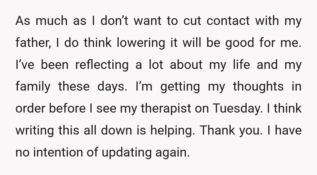 As much as I don’t want to cut contact with my father, I do think lowering it will be good for me. I’ve been reflecting a lot about my life...