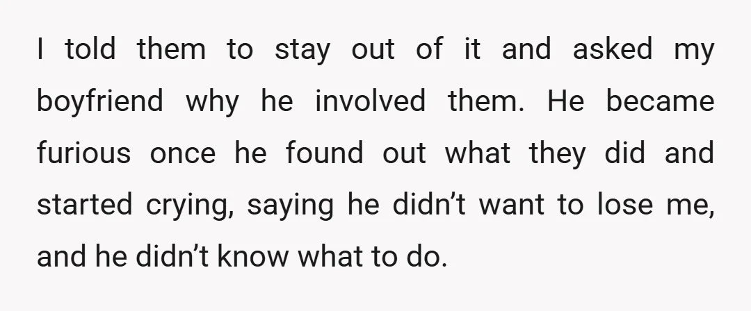 I told them to stay out of it and asked my boyfriend why he involved them. He became furious once he found out what they did and started crying, saying...