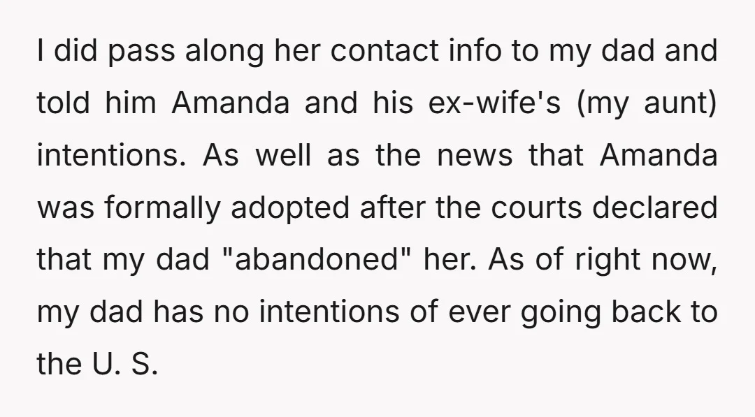 I did pass along her contact info to my dad and told him Amanda and his ex-wife's (my aunt) intentions. As well as the news that Amanda was formally adopted...