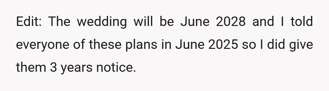 Edit: The wedding will be June 2028 and I told everyone of these plans in June 2025 so I did give them 3 years notice.