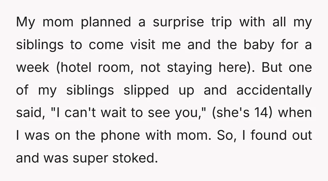 My mom planned a surprise trip with all my siblings to come visit me and the baby for a week (hotel room, not staying here). But one of my siblings...