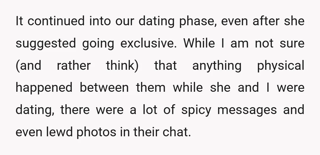 It continued into our dating phase, even after she suggested going exclusive. While I am not sure (and rather think) that anything physical happened between them while she and I...