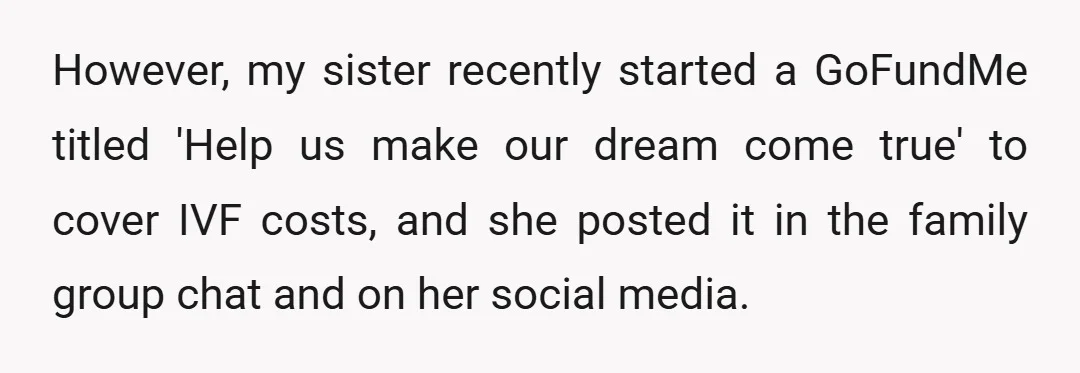 However, my sister recently started a GoFundMe titled 'Help us make our dream come true' to cover IVF costs, and she posted it in the family group chat and on...