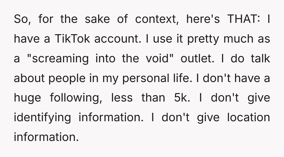 So, for the sake of context, here's THAT: I have a TikTok account. I use it pretty much as a "screaming into the void" outlet. I do talk about people...