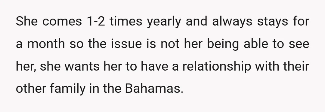 She comes 1-2 times yearly and always stays for a month so the issue is not her being able to see her, she wants her to have a relationship with...
