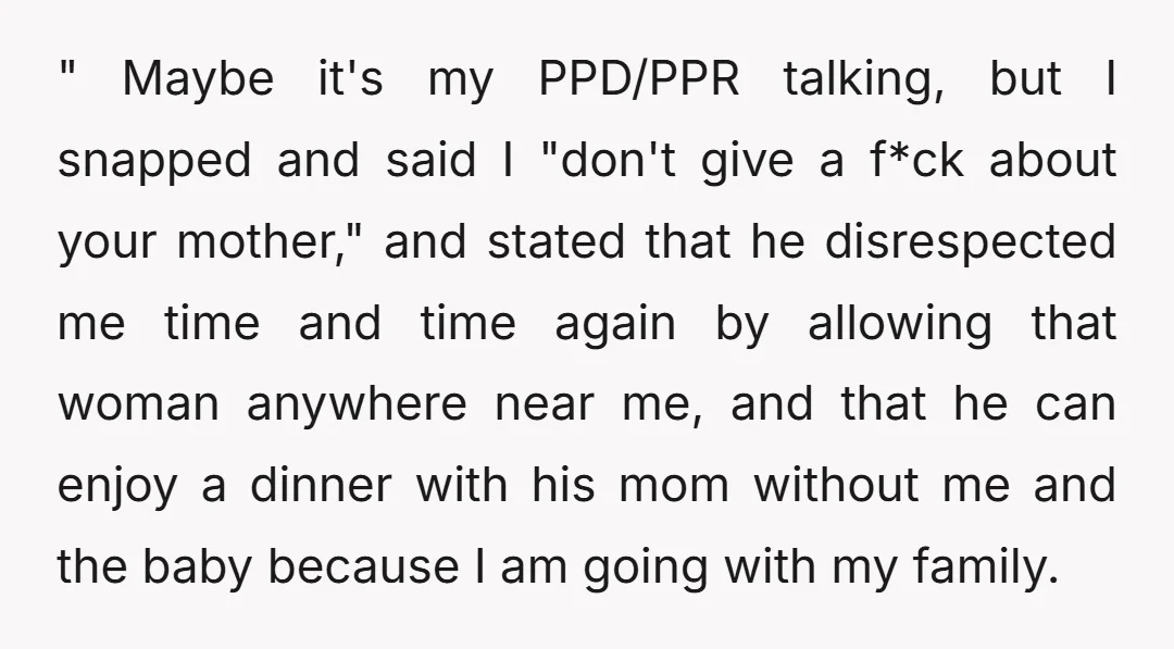 " Maybe it's my PPD/PPR talking, but I snapped and said I "don't give a f*ck about your mother," and stated that he disrespected me time and time again by...