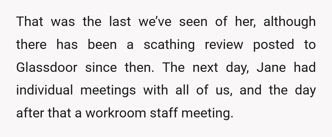 That was the last we’ve seen of her, although there has been a scathing review posted to Glassdoor since then. The next day, Jane had individual meetings with all of...