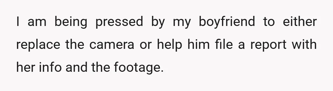 I am being pressed by my boyfriend to either replace the camera or help him file a report with her info and the footage.