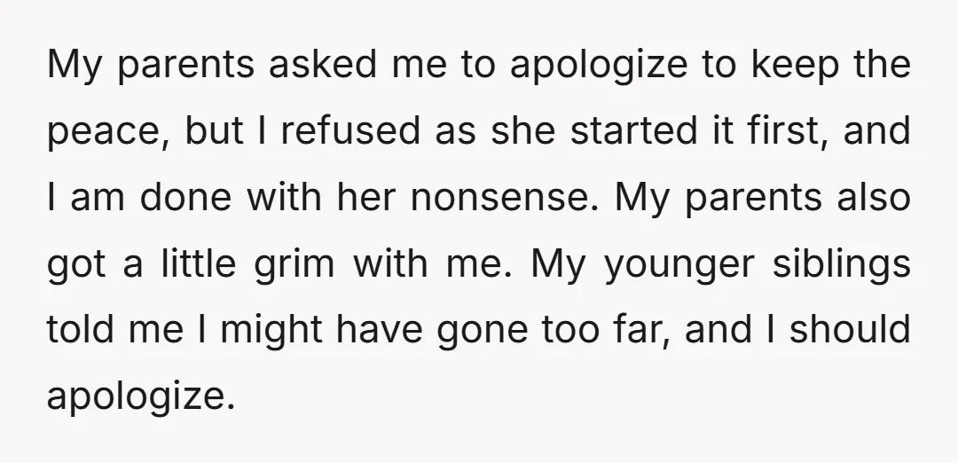 I haven't talked much to anyone else in my family for the last two days, and Sarah continues to play the victim. I feel wronged not only on my behalf...
