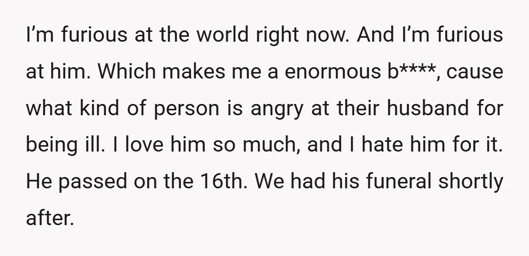 I’m furious at the world right now. And I’m furious at him. Which makes me a enormous b****, cause what kind of person is angry at their husband for being...