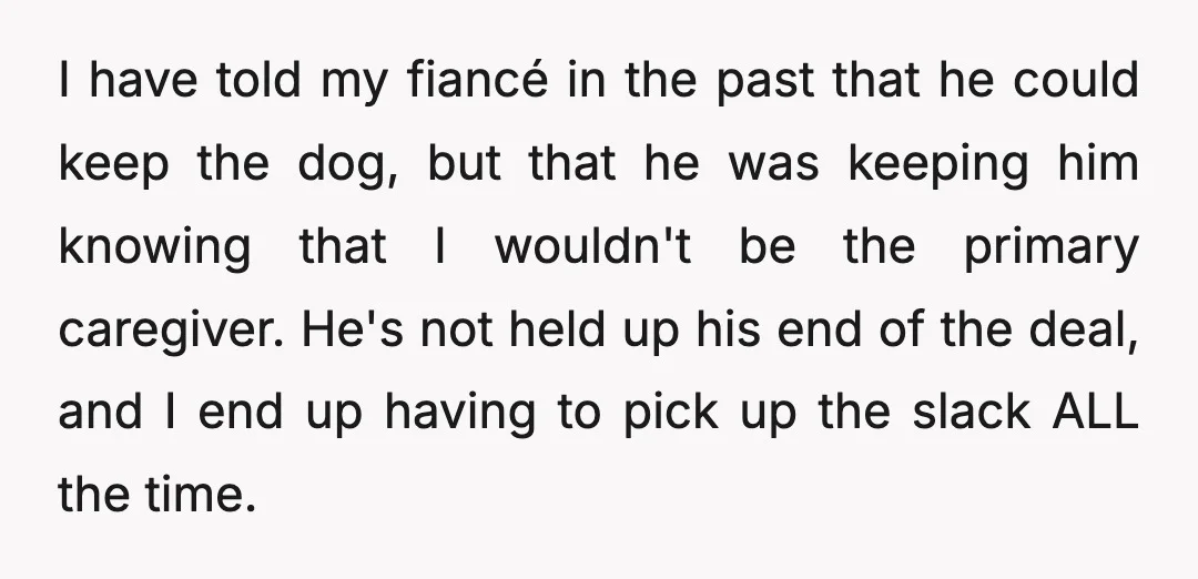 I have told my fiancé in the past that he could keep the dog, but that he was keeping him knowing that I wouldn't be the primary caregiver. He's not...