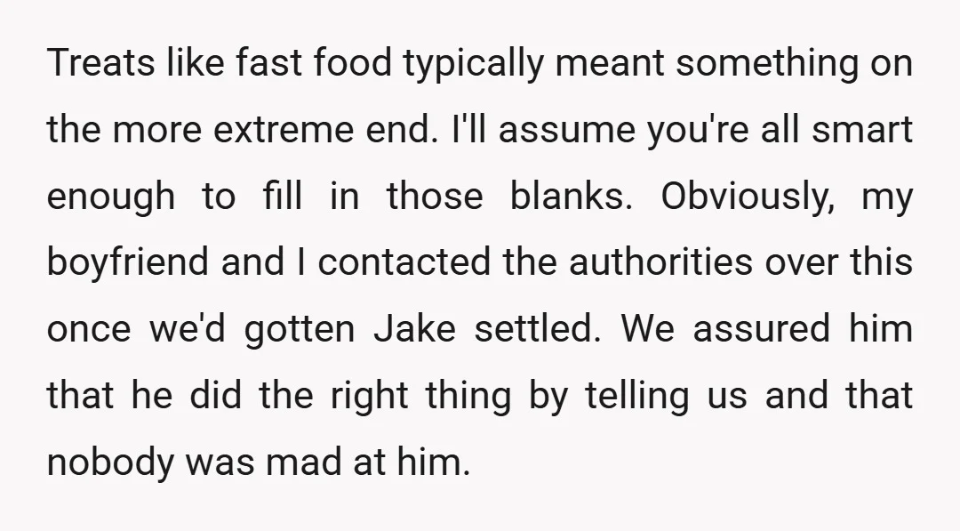 Treats like fast food typically meant something on the more extreme end. I'll assume you're all smart enough to fill in those blanks. Obviously, my boyfriend and I contacted the...