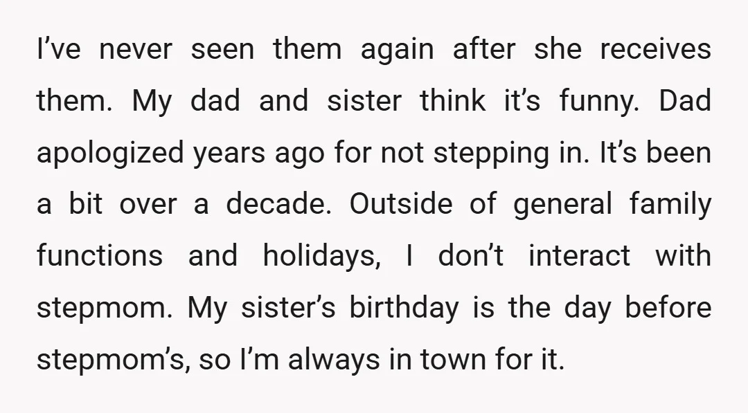 I’ve never seen them again after she receives them. My dad and sister think it’s funny. Dad apologized years ago for not stepping in. It’s been a bit over a...