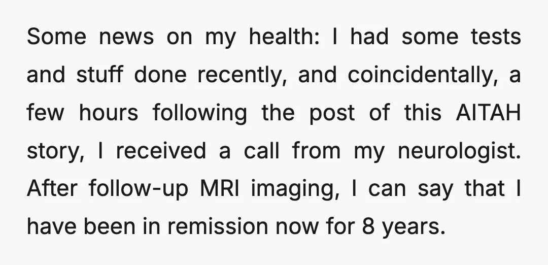 Some news on my health: I had some tests and stuff done recently, and coincidentally, a few hours following the post of this AITAH story, I received a call from...