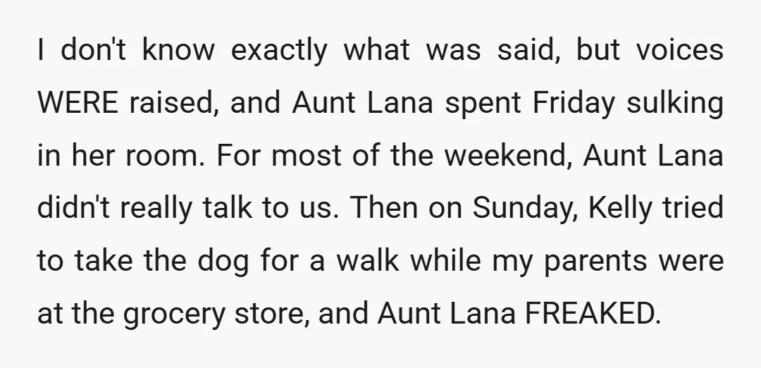 I don't know exactly what was said, but voices WERE raised, and Aunt Lana spent Friday sulking in her room. For most of the weekend, Aunt Lana didn't really talk...