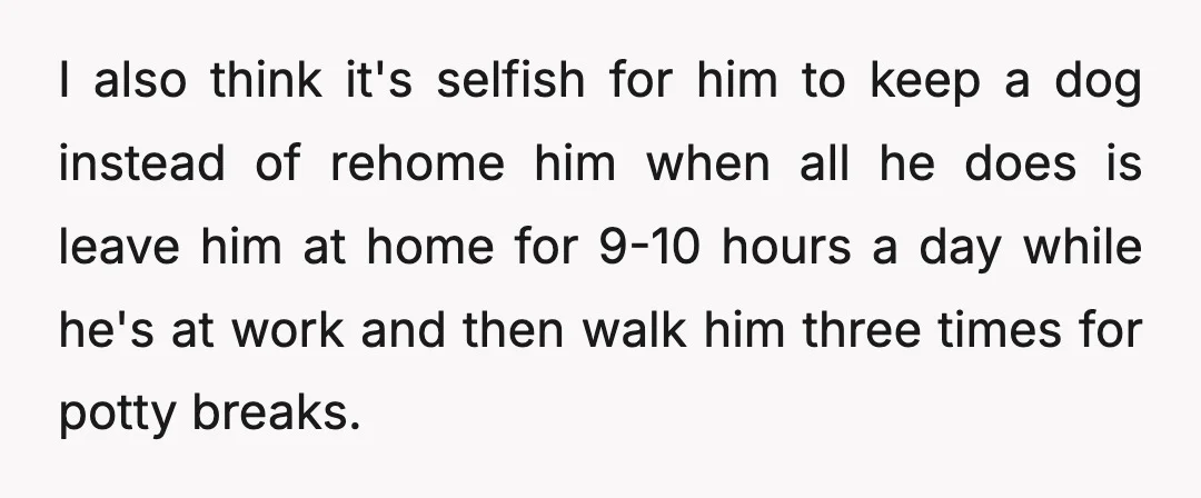 I also think it's selfish for him to keep a dog instead of rehome him when all he does is leave him at home for 9-10 hours a day while...