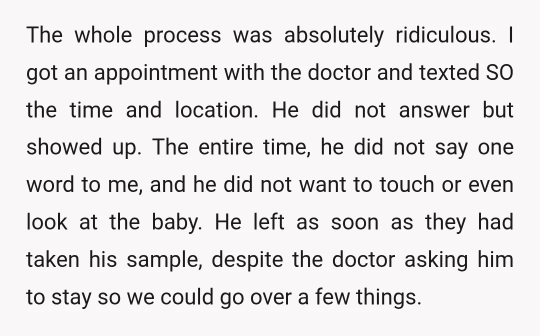 The whole process was absolutely ridiculous. I got an appointment with the doctor and texted SO the time and location. He did not answer but showed up. The entire time,...