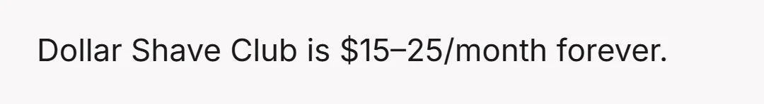 Dollar Shave Club is $15–25/month forever.
