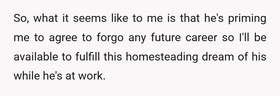 So, what it seems like to me is that he's priming me to agree to forgo any future career so I'll be available to fulfill this homesteading dream of his...
