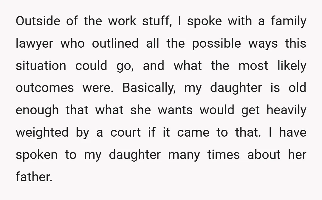Outside of the work stuff, I spoke with a family lawyer who outlined all the possible ways this situation could go, and what the most likely outcomes were. Basically, my...