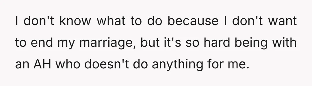 I don't know what to do because I don't want to end my marriage, but it's so hard being with an AH who doesn't do anything for me.