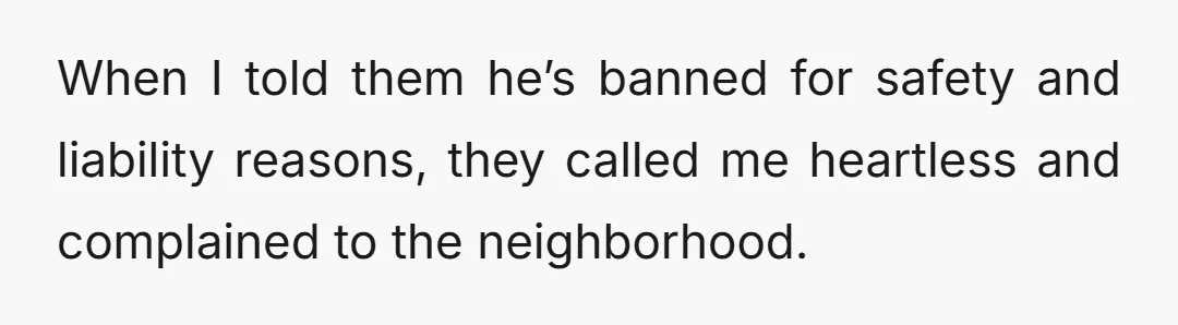 When I told them he’s banned for safety and liability reasons, they called me heartless and complained to the neighborhood.