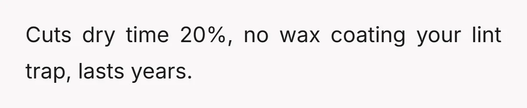 Cuts dry time 20%, no wax coating your lint trap, lasts years.