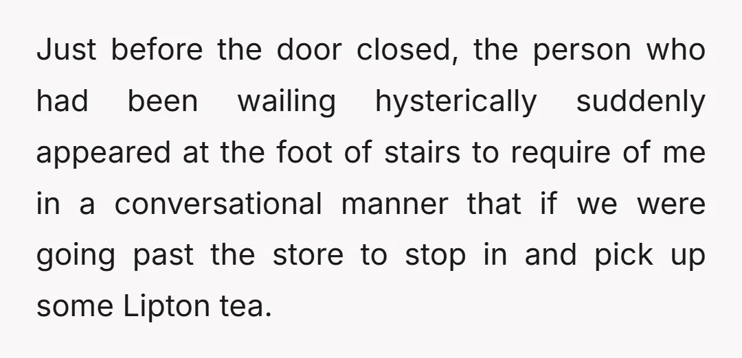 Just before the door closed, the person who had been wailing hysterically suddenly appeared at the foot of stairs to require of me in a conversational manner that if we...