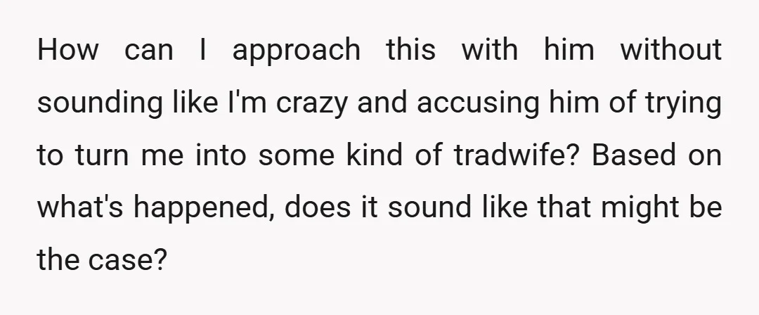 How can I approach this with him without sounding like I'm crazy and accusing him of trying to turn me into some kind of tradwife? Based on what's happened, does...