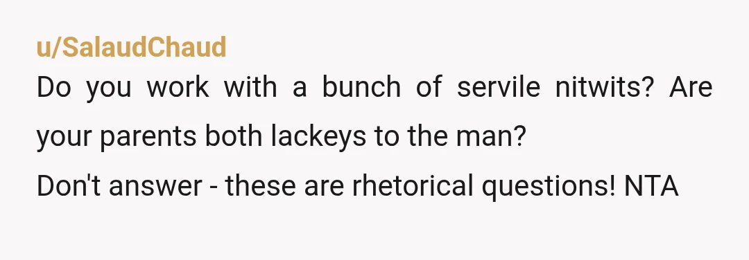u/SalaudChaud Do you work with a bunch of servile nitwits? Are your parents both lackeys to the man? Don't answer - these are rhetorical questions! NTA
